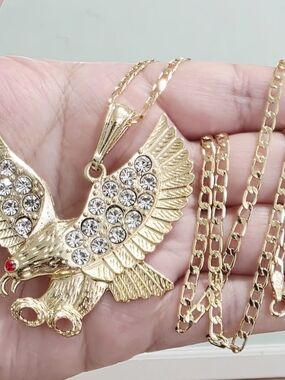 Gold Eagle Pendant Necklace with Clear Crystal Accents - Men Accessories Jewelry